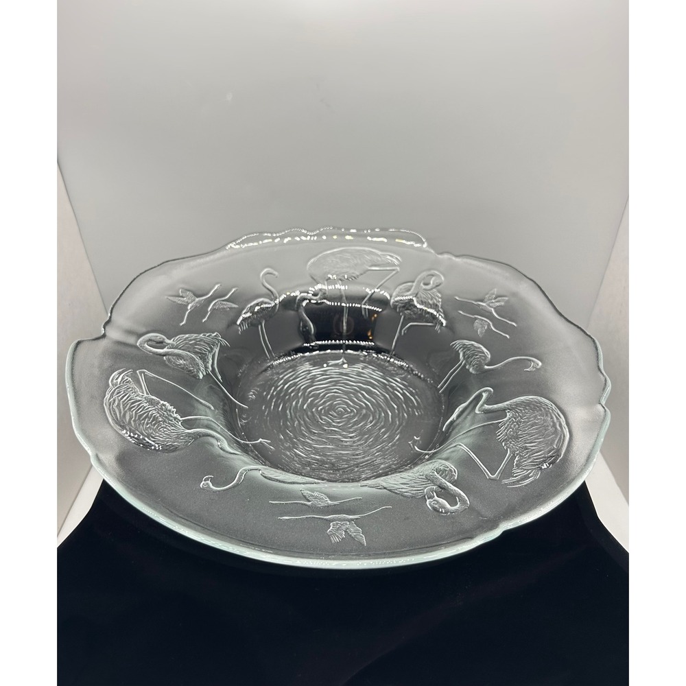 Vintage Frosted Flamingo Embossed Glass Serving Bowl Scalloped Edge Clear 12in